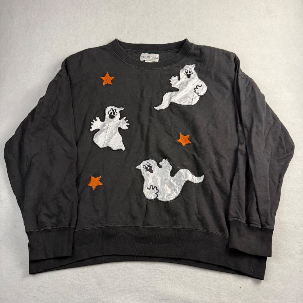 Victoria Sport Vintage Ghost Star Sweatshirt Black Cotton Shoulder Pads Large